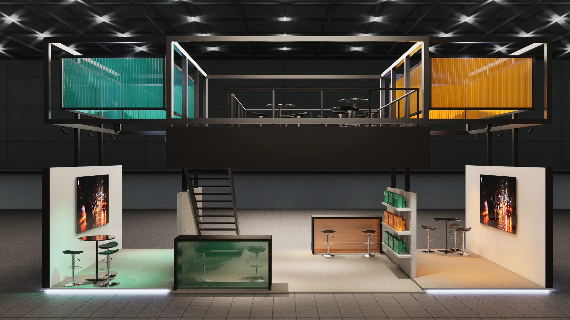 Render frontal del stand modular de dos plantas, iluminación LED perimetral