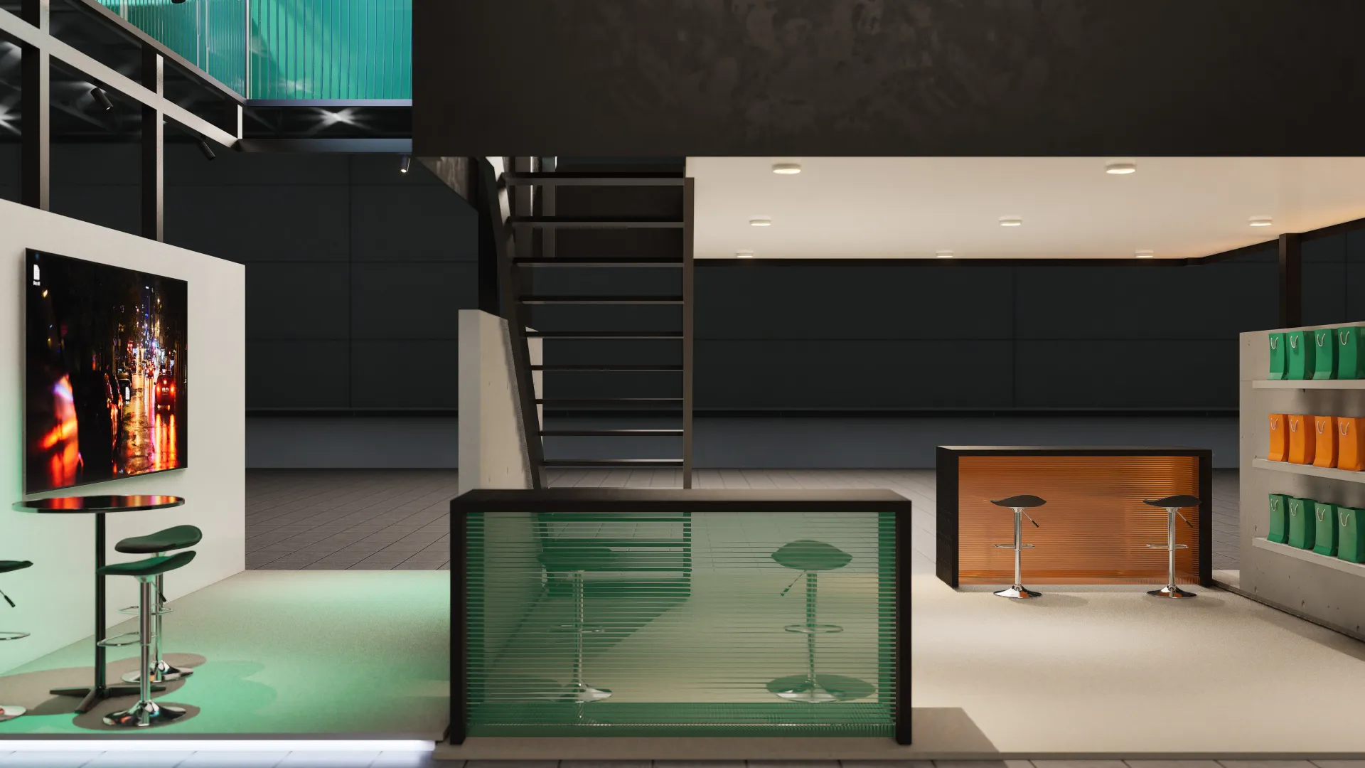 Interior con barra, estantería y pantalla de gran formato