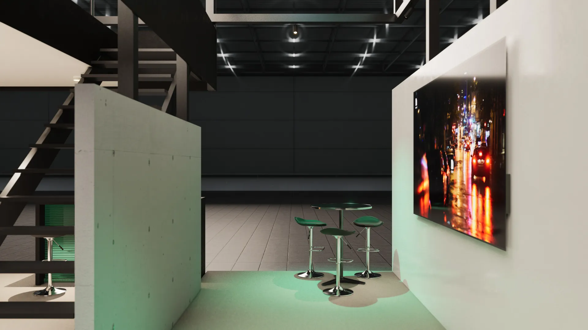 Sala verde con pantalla y banquetas altas
