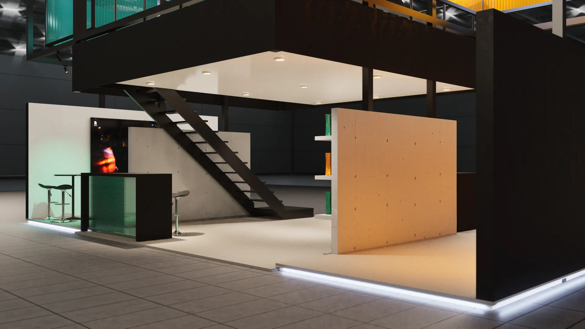 Esquina del stand con muro de hormigón y escalera metálica